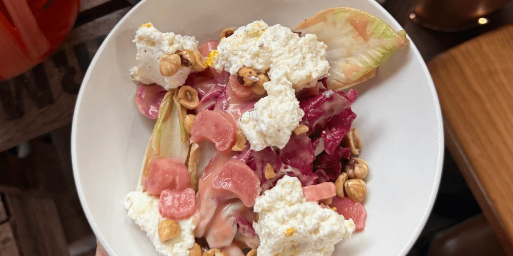 Pickled Rhubarb, Chicory, Toasted Hazelnut & Westcombe Ricotta salad