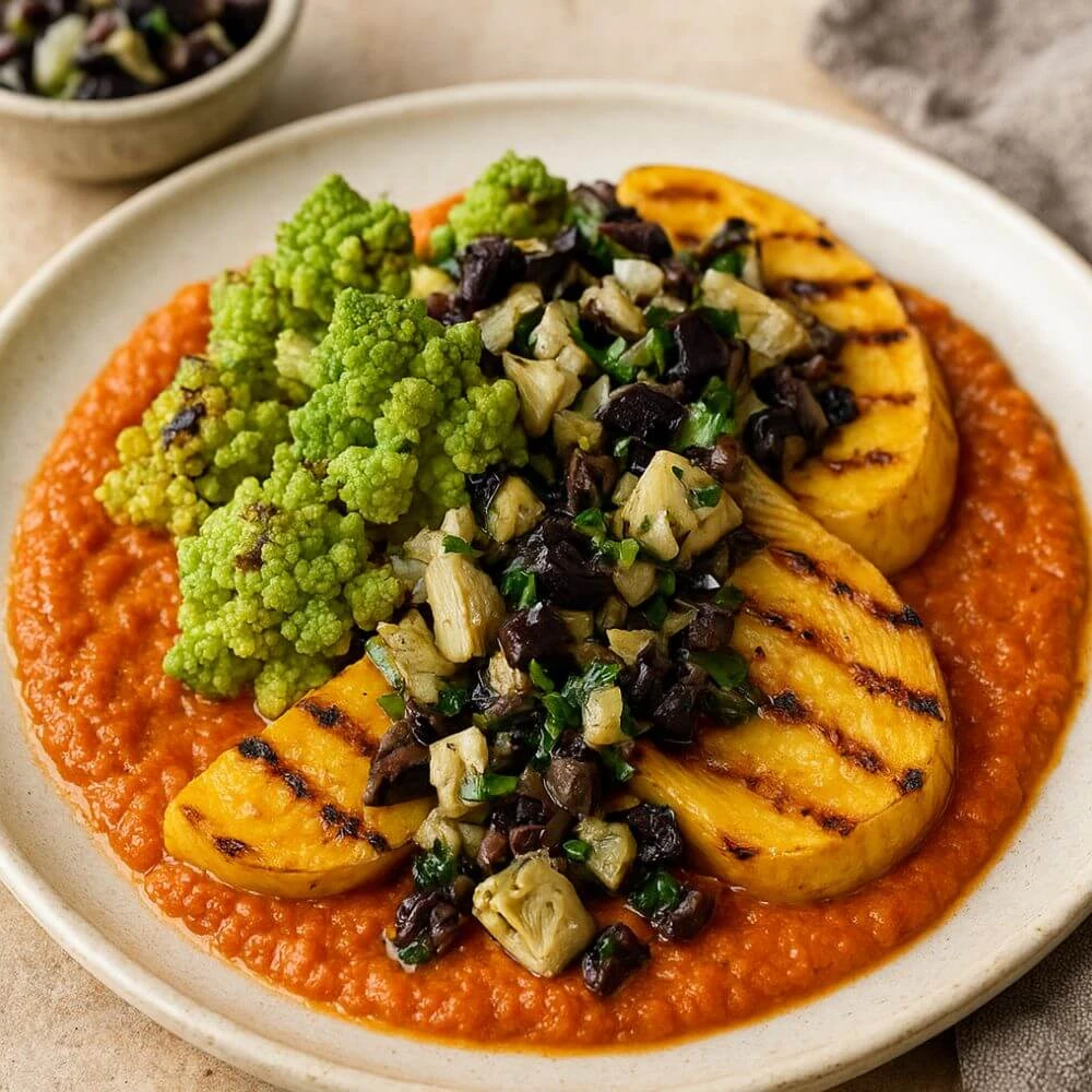 Grilled Romanesque & Field Squash Romesco with Black Olive & Artichoke Salsa Image 1