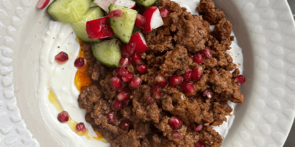 La Miri Harissa beef mince on garlicky yoghurt with pickled veg