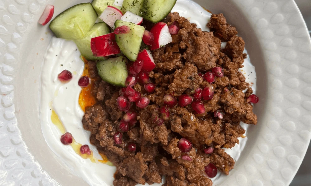 La Miri Harissa beef mince on garlicky yoghurt with pickled veg