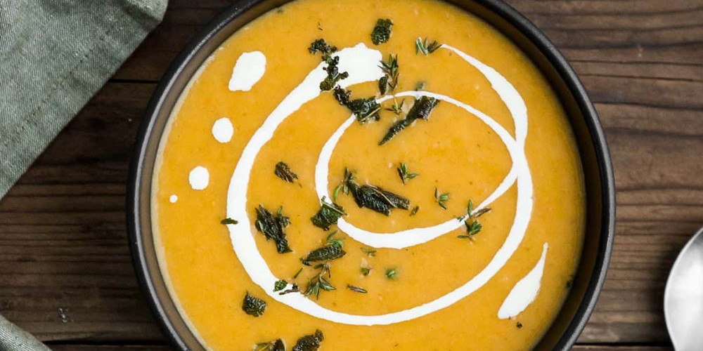 Roasted Butternut Squash and Celeriac Soup with Fresh Coriander and Coconut