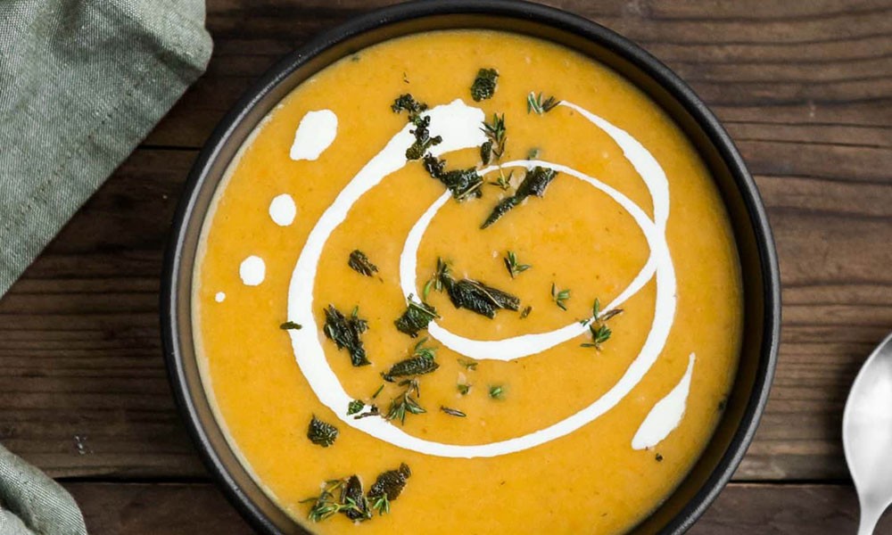Roasted Butternut Squash and Celeriac Soup with Fresh Coriander and Coconut