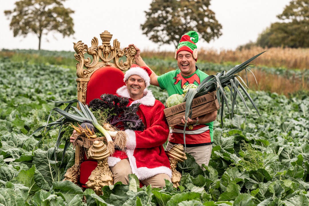 James & Michael in the veg field - Christmas
