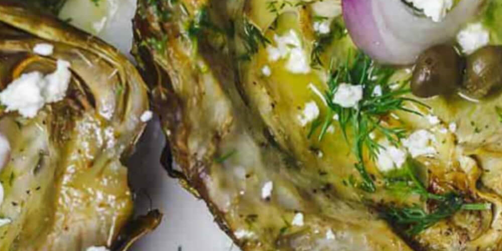 ROASTED ARTICHOKE WITH FETA & GARLIC VINAIGRETTE